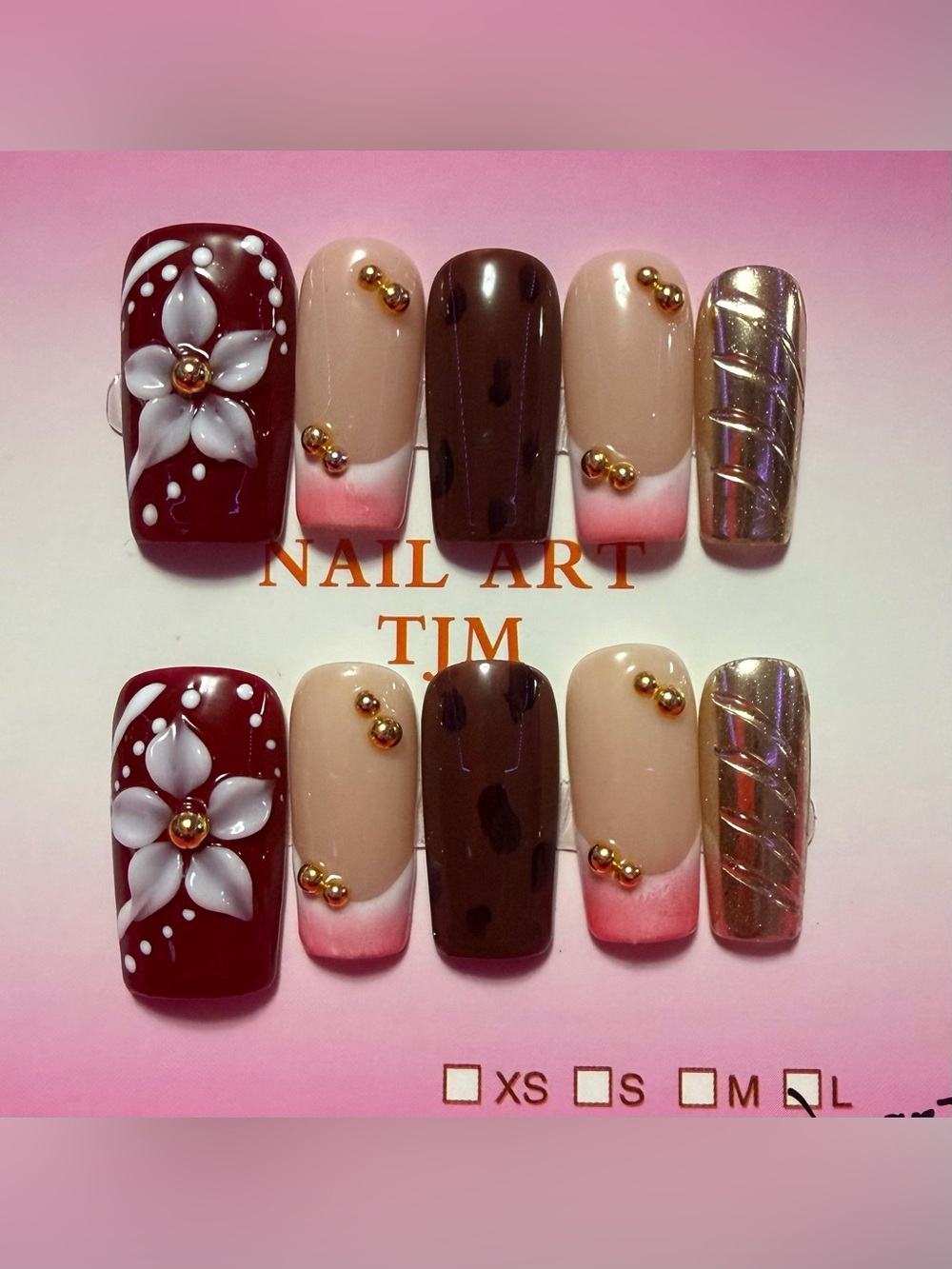 Nail Art Press-On Set - Mixed Burgundy, Nude, Brown & Silver